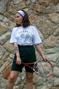 F3 - Unisex White T-shirt with Clear Sleeve & Tennis Rackets print